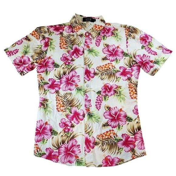 SSLR Men’s Casual Hawaiian Shirt Small White Pink Floral Button Front Resort - Picture 1 of 5